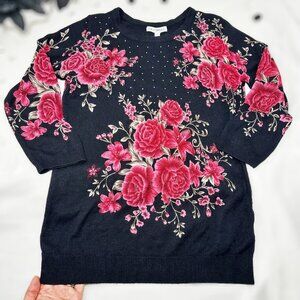 Black Sweater with Roses and Rhinestones Three Quarter Sleeve Women's Sweater S